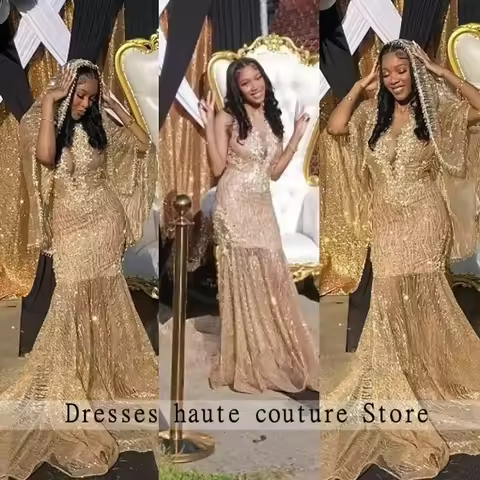 Luxurious Gold Prom Dresses With Wrap 2026 For Black Girls Party Gowns See Through Mermaid Evening D