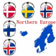 Northern Europe: Denmark Sweden Finland Norway Iceland Flag Key Chain Glass Jewelry Keychain Pendant