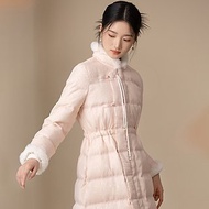 新中式 冬季羽絨服中國風蕾絲刺繡鴨絨粉色長款外套