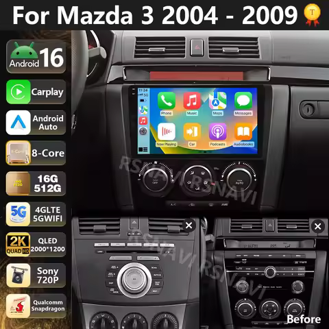 Qualcomm Android 16 For Mazda 3 I BK 2003 - 2009 2K QLED Car Radio Multimedia Video Player GPS Stere