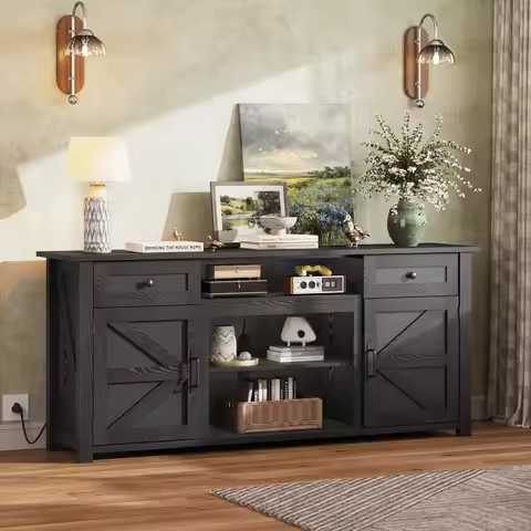TV Stand for 65 70 75 inch TV, Modern Farmhouse Entertainment Center with Built-in Power Outlet, TV 