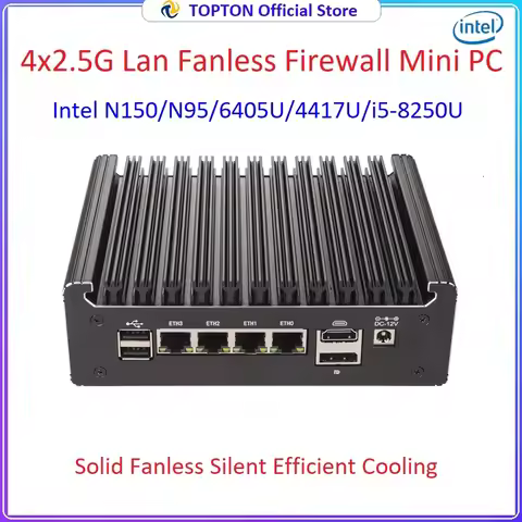 Intel N150 N95 Solid Fanless Mini PC i5 8250U Pentium 4417U 4x2.5G LAN Firewall PC DDR4 NVMe Type-C 