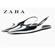 Zara Silver Lacquer Effect Flat Shoes Women New Style Pointed Toe Shallow Mouth Casual Lazy Fashion Sandals Women Shoes