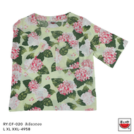 เสื้อแตงโม (SUIKA) - เสื้อคอปาดผ้าเรยองแขนสั้นเอวลอยติดกระเป๋าอกซ้าย ลายดอกไม้ ( RY.CF-020)