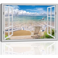 Large Beach Pictures Wall Art Canvas Print Artwork Blue Ocean Seascape Window Frame Decor Living Roo