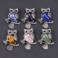 6G2F D58 Natural Crystal Stone Owl Pendant Ornament Alloy Inlaid Gemstone Necklace Pendant Necklace 