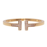 近全新 Tiffany & Co. T-Square 18K 玫瑰金鑲鑽大手鐲/手鍊，750 玫瑰金/鑽石首飾，0169 [二手]。女士