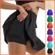 Summer Women Tennis Skorts Hidden Pockets Solid Color Irregular Pleated Sports Skirt Golf Skirt Shorts Badminton Athletic Skirt