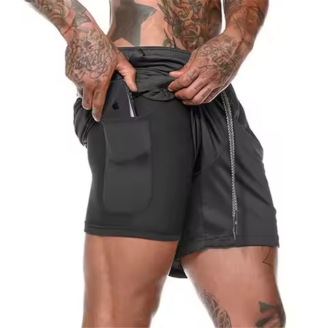 Men Fitness Built-in pocket sports Shorts Summer 2 In 1 Quick Dry Gym Beach shorts Running Double-de