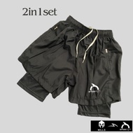 [2IN1] 1 SET OF PARACHUTE JOGGING RUNNING SHORTS + ZIPPER POCKET LEGINGS FOR MEN AND WOMEN
