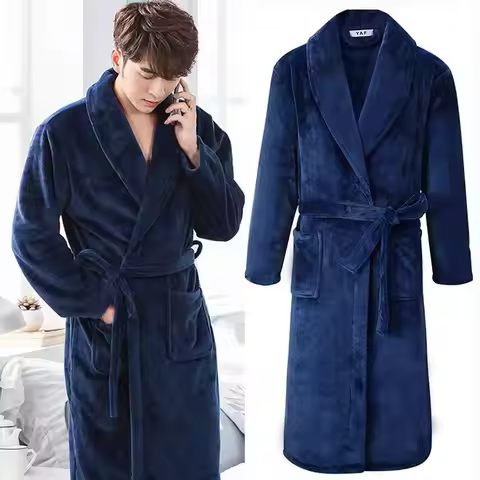 Belt Robe for Men Sleepwear Bathrobe Winter Night Wears Warm Fleece Pajama Solid One Piece Nightgown