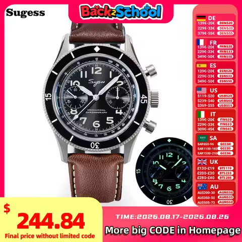 Sugess Pilot Watch Handwind Chronograph Mechanical Wristwatches Luminous Skeleton Men Watches Crysta
