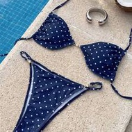 2pcs/Set Women's Navy Blue Polka Dot Bikini,90s Pearl Decor Spaghetti Strap Crop Top & Bottoms,Summe