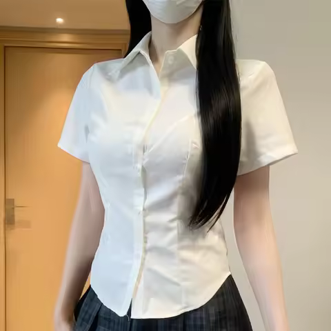 Japanese Gyaru Women's Slim Fit School Shirt V Neck Short Sleeve Slim White Shirt Tops Blouses for J