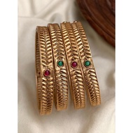 Matt Gold Flower Pattern Indian Bangles With Red & Green Stone - Set of 2 Gelang Tangan Indian Bangl