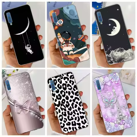 Cute Astronaut Case For Samsung Galaxy A7 2018 Case SM-A750F Liquid Silicone Clear Back Cover For Sa