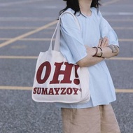 OH系列復古紅印花帆布袋 單肩托特包 棉質大容量文藝帆布袋 手提