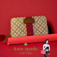 ♠️美國KATE SPADE 凱特.絲蓓| 經典條紋品牌Logo圓形拉鍊長皮夾.錢包Size:19.5x10.5cm#二手