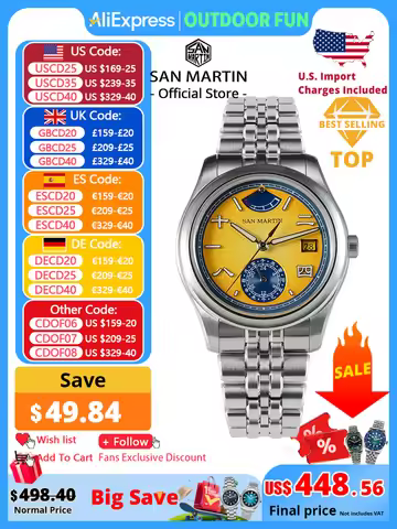 San Martin 39mm Miyota 9132 Power Reserve Display Men Luxury Sport Watch Automatic Mechanical Waterp