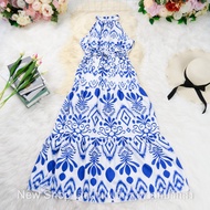 Long Dress 51 Inches White-Blue Print Neck Strap Style