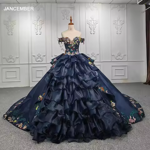 Jancember Elegant Blue Quinceanera Dress Strapless Pattern Ball Gown With Floral Print DY9996 vestit