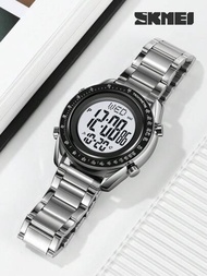 Skmei銀色男士商務不鏽鋼防水多功能電子手錶