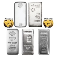 1kg 9999 silver bar, 1 Kilo, PAMP / Heraeus / Perth Mint /  Metalor /  Valcambi /  Nadir