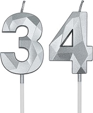 34th & 43rd Birthday Candles for Cake, Number 34 43 3D Diamond Shaped Candle Birthday Decorations Pa