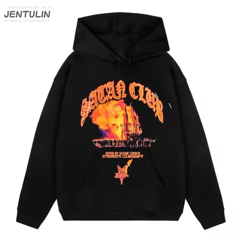 Hip Hop Streetwear Men Hoodie Oversized Pullover Satan Club Graphic Print Y2k Hooded Sweatshirt Hara