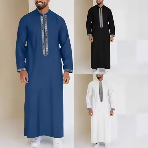 Muslim Long Robe Men's Zipper Collar Design Simple Arabic Style Cross-Border Men's Long Coat Jacket 