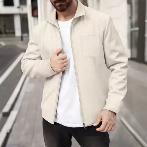 2026 Spring Autumn Men's Waffle Knitted Pocket Lapel Slim Fit Cardigan Jacket Youth Casual Streetwea