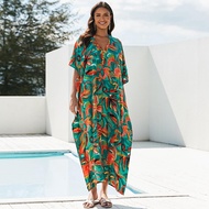 Tropical Lily Floral Oil Painting Kaftan Women Summer Beauty Boho Maxi Dress Green Rayon Breeze Caftan Robe Island Beach Cover Ups Baju Kelawar