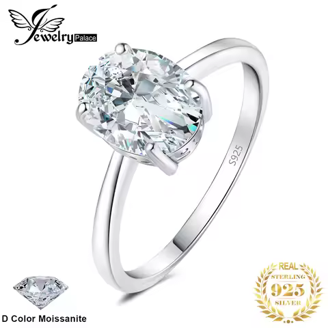JewelryPalace Moissanite D Color 1ct 2ct Oval S925 Sterling Silver Solitaire Wedding Ring for Woman 