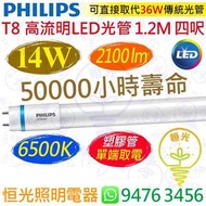 PHILIPS 飛利浦（單端）T8 高流明 6500K 白光 14W LED 光管 2100流明 1.2M 四呎 50000小時壽命 香港行貨 保用一年