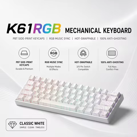 K61 61-Key Mini Mechanical Gaming Keyboard USB Wired Hot Swappable Compact Keyboard with Detachable 