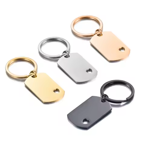4PCS Blank ID Tag Stainless Steel Rectangle with Heart Keychain For DIY Accessories Custom Logo Name