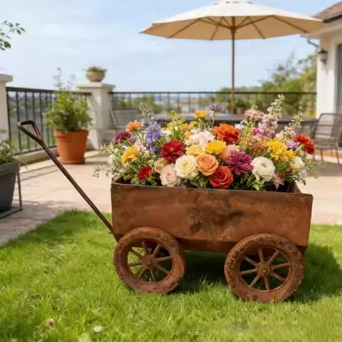 Rusty Trolley Wrought Cart Retros Old Flower Pot Outdoor Garden Flower Stand Creative Decoration