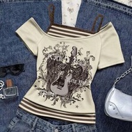 Casual Retro Punk Y2K Versatile Party Airport Outfit, Guitar Wing Rose English Letter Distressed Str