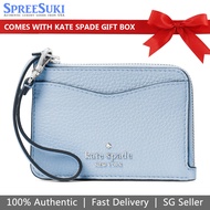 Kate Spade Card case In Gift Box Leila Pebbled Leather Small Card Holder Wristlet Muted Blue # WLR00