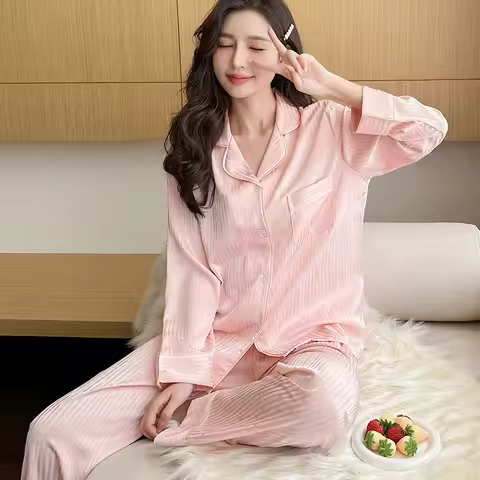 Pajama Women's Silk Set Fashion Women's Ice Silk Long Sleeve Pajama Set Spring Autumn Lightweight Lo