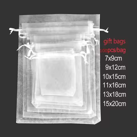 100PCS 7x9 9x12 10x15 11x16 13x18 15x20 17x23 CM Organza Bags Jewelry Packaging Bags Scented Sachet
