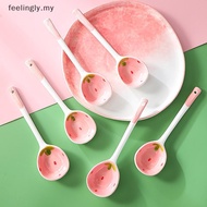 [T&B] 1Pc Cute Strawberry Ceramic Soup Spoon Ice Cream Hand Painted Coffee Dessert Long Handle Spoon