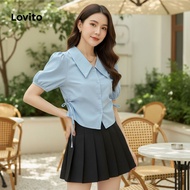 Lovito Blaus Kasual Ruched Butang Polos untuk Wanita L122AD109