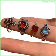 RAN 4 Pieces Vintage Grunge Red Crystal Rings for Women Creative Finger Accessories