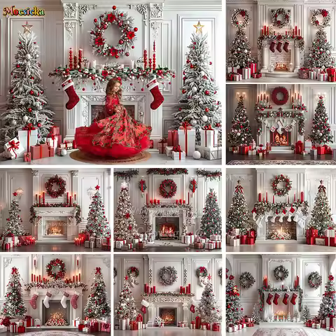 White Fireplace Photography Backdrop Christmas Red Garland Xmas Tree Candles Background Winter Retro