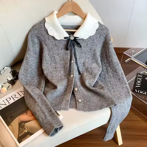 Sweet Kawaii Knitted Cardigan Women Cute Bow Peter Pan Collar Preppy Sweater Long Sleeve Chic Button