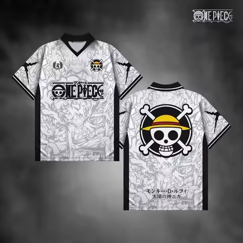 2026 New Bandai Japanese Anime One Piece Luffy Gear 5 V-neck Jersey 2025 White Manga Pattern Shirt