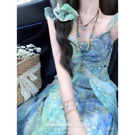 French Seaside Vacation Style Printable Small Flying Sleeve Sling Dress Female 26 Summer Narrow Wais