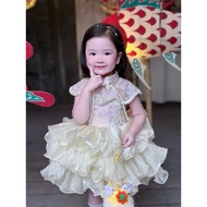 Mid-Autumn dress Set (with cape + veil) with luxurious embroidered pearl pattern, designed by Bao Tr