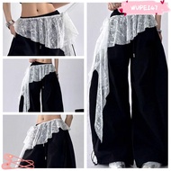 WUPEI47AD Lace Up Ruffles Skirt, Embroidered Flower Irregular Lace Mini Skirt, Jeans Pants Decor See
